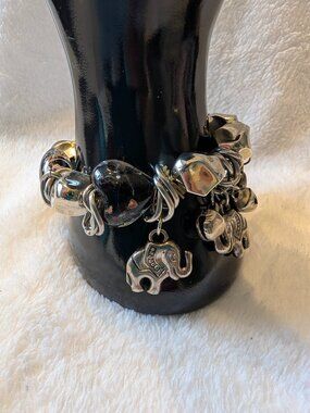 Vintage Silver-Tone Elephant Charm Bracelet - Shimmering Galaxy Beads & Boho Det